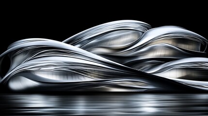 An abstract composition featuring sleek, metallic waves that reflect light, creating a modern and sophisticated atmosphere.