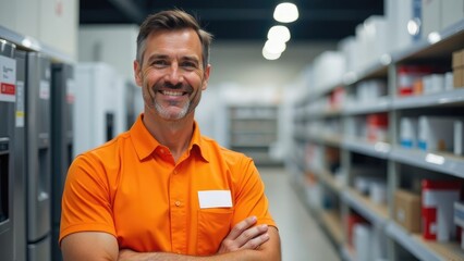 A friendly sales associate in an orange shirt smiles confidently at the camera while standing in a store aisle. Concept of customer service.