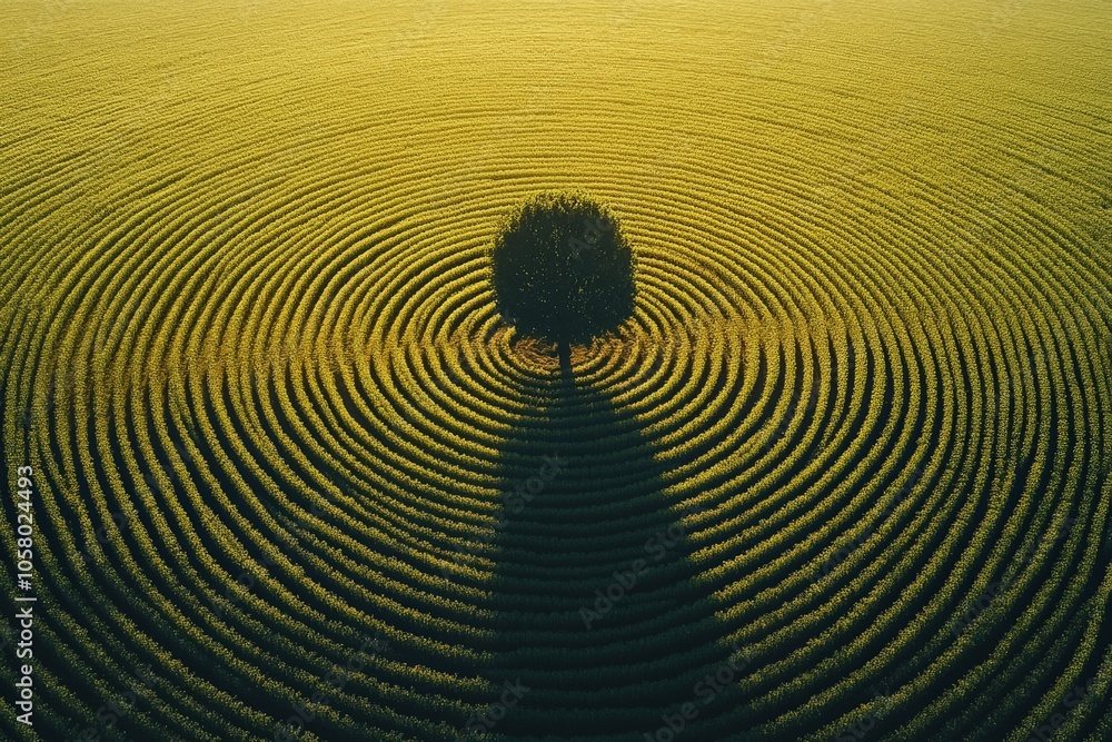 Poster solitary tree casting a long shadow in vast green agricultural crop field surrounded by concentric c