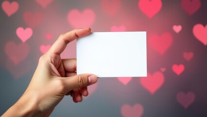 Obraz premium A hand holds a blank white card against a blurred background of pink hearts. Concept of love and romance. Valentine's day background