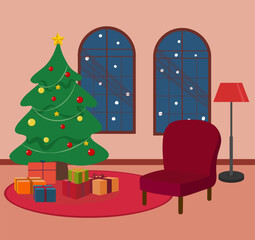Christmas Room, Christmas tree and gifts in front of snowy window, warm atmosphere, christmas vector, flat illustration,