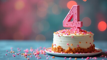 A pink frosted cake with a number four candle on top, ready for a fourth birthday celebration. Concept of celebrating a fourth birthday.
