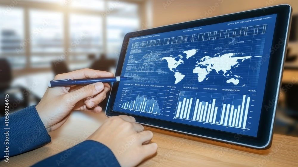 Aufkleber an individual analyzes data on a tablet device, showcasing charts and graphs for business insights i