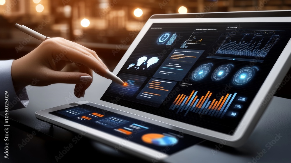 Aufkleber business professional analyzing data on a tablet, showcasing modern digital interfaces with charts a