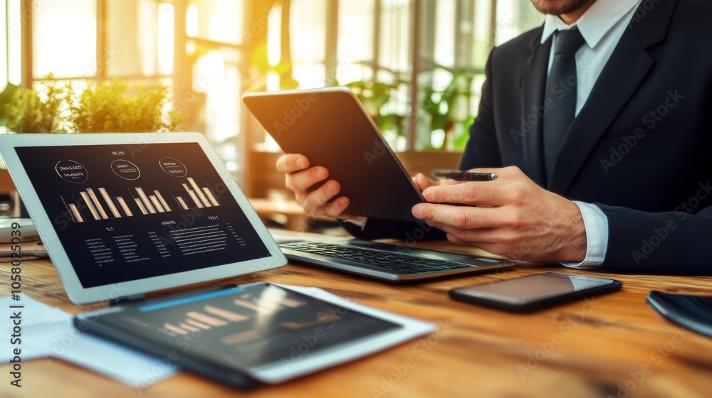 Aufkleber business professional analyzing data on digital devices in a modern workspace, showcasing productivi