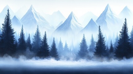 Obraz premium Majestic snow-covered mountains rise behind a dense forest of evergreen trees, AI