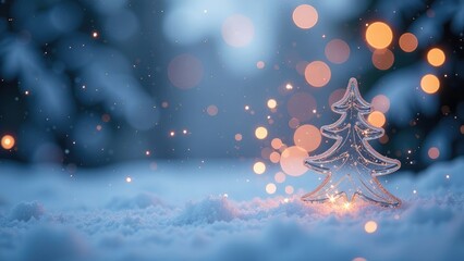 A small, frosted glass Christmas tree sits in the snow with a blue and orange background. Christmas background
