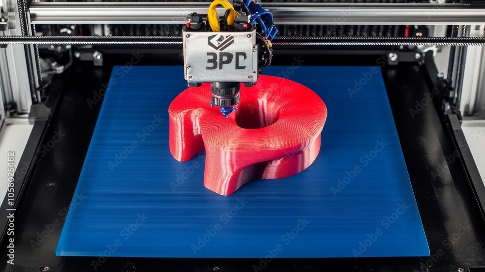 Aufkleber close-up of a 3d printer creating a vibrant red object on a blue printing surface, showcasing modern