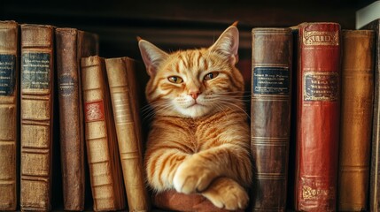 Cozy Orange Cat Relaxing Among Antique Books on a Bookshelf