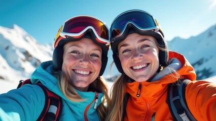 Two sisters in ski gear take a selfie, beaming with joy and excitement, against a backdrop of snow-covered mountains.