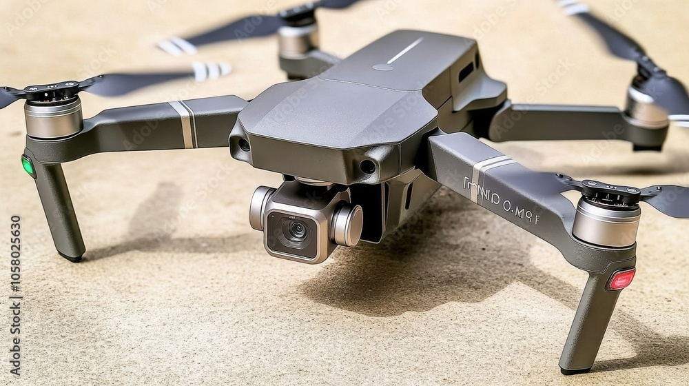 Poster close-up of a modern drone showcasing its sleek design and advanced camera features on a textured su