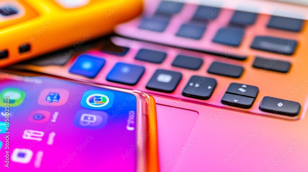 Poster close-up of a smartphone and a colorful keyboard, showcasing vibrant technology and modern design in