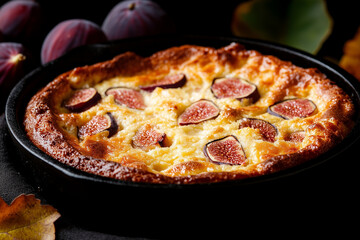 freshly baked fig and almond clafoutis cooling in a cast iron pan