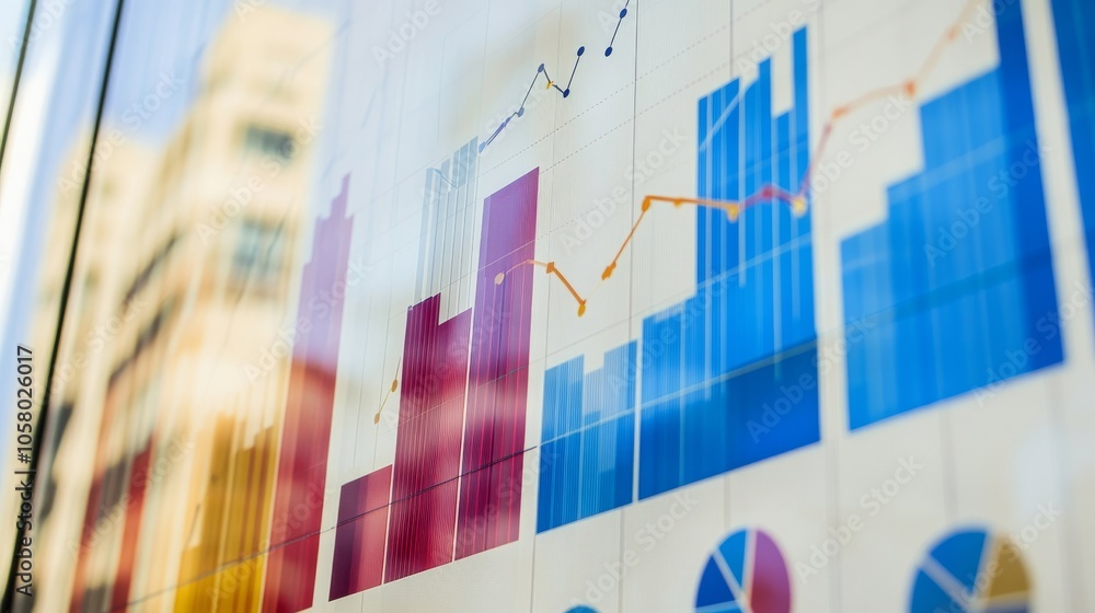 Poster close-up of colorful bar charts and graphs reflecting modern financial data analysis on a office win