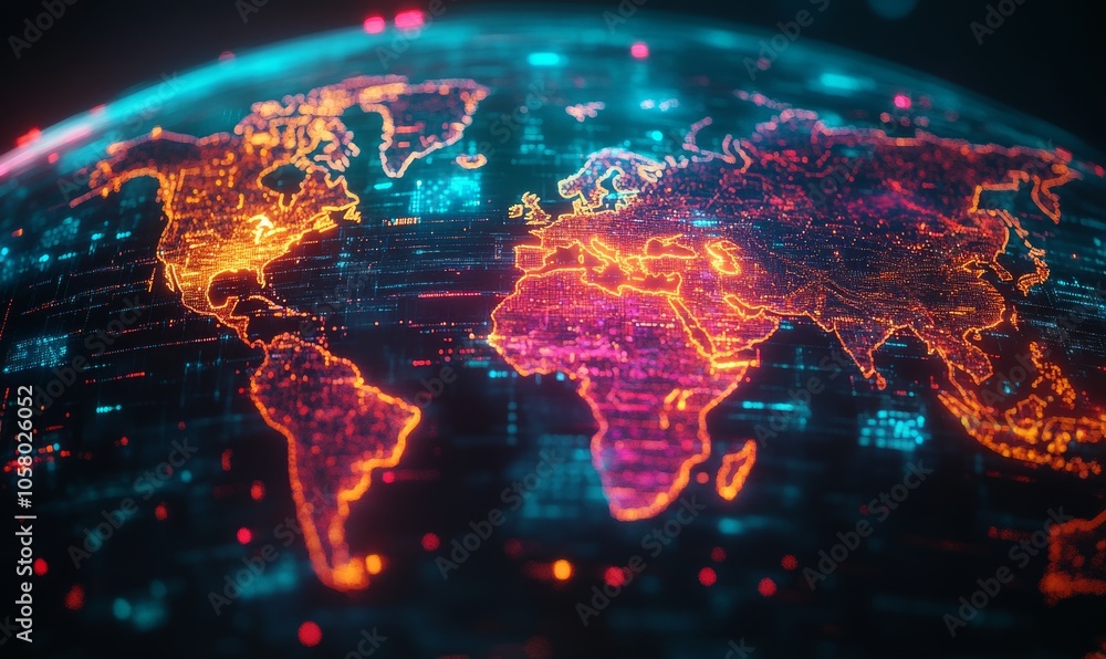 Poster futuristic digital world map with a glowing globe for global technology concept and future communica