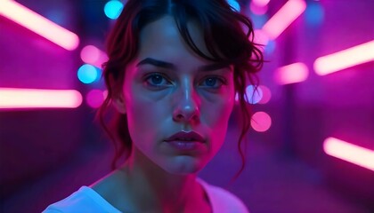 A young Caucasian woman, who has dark hair and intense blue eyes, is in a dazzling neon light display in pink, purple, and blue