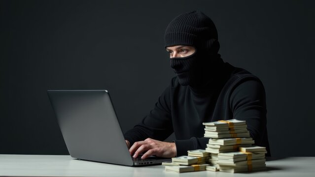 A man in a black balaclava and dark clothing sits at a desk working on a laptop with stacks of money on either side of him. Concept of a hacker. 
