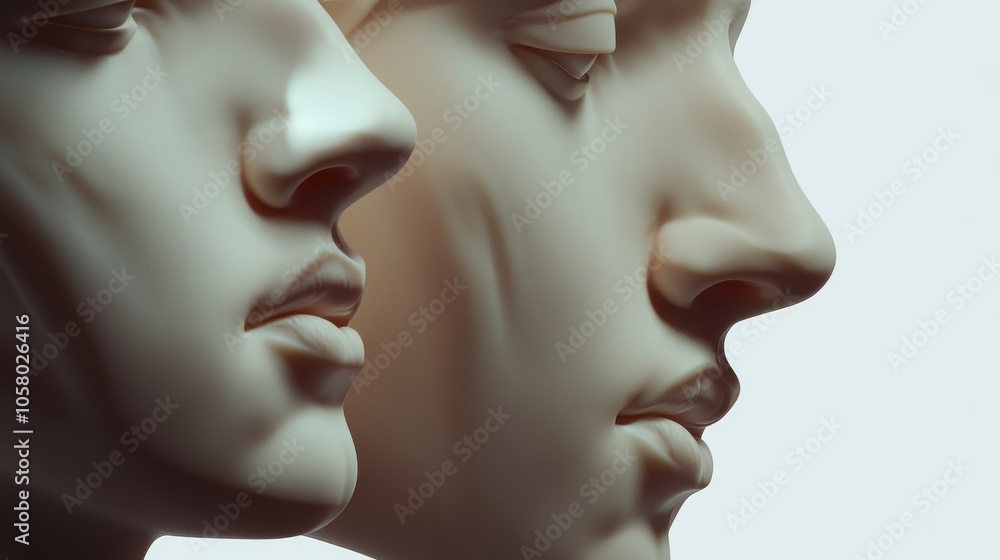 Poster Close-up view of elegantly sculpted human faces showcasing intricate details and smooth features on a soft background.