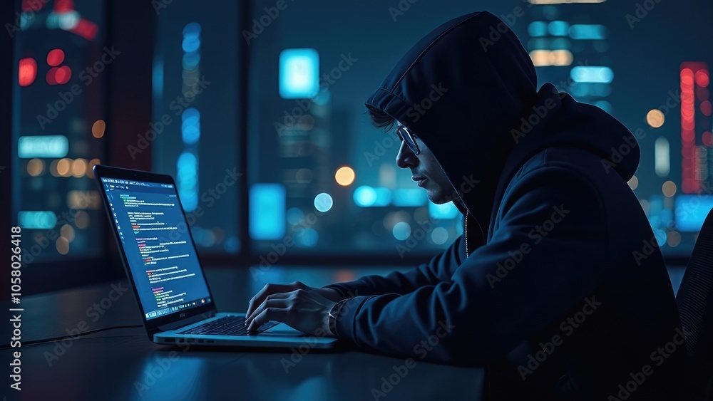 Wall mural a hooded hacker is sitting at a desk with a laptop in front of them, the screen filled with code, in