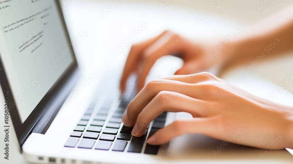 Poster close-up view of hands typing on a laptop keyboard, illustrating productivity and modern technology 