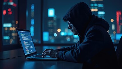 A hooded hacker is sitting at a desk with a laptop in front of them, the screen filled with code, in front of a blurred city lights background. 
Concept of cyber security.