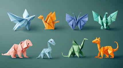 "Colorful Origami Dinosaurs and Animals on Green Background"