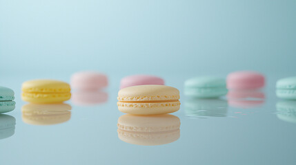 Obraz premium Minimalist Pastel Macaron Arrangement on Reflective Surface
