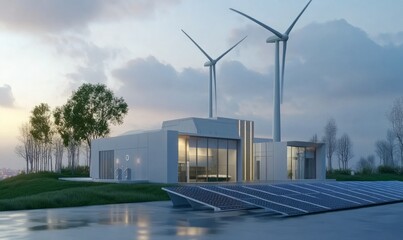 Obraz premium Innovative energy storage system with wind turbines and solar panels