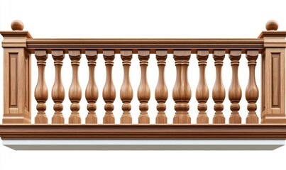 Isolated white background wooden balcony railing with columns