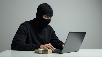 A man in a balaclava and black clothing sits at a desk in front of a laptop, with stacks of money to his right. 
Concept of a hacker. 