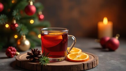 A glass of warm red drink with an orange slice sits on a wooden board next to pine needles and a pine cone in front of a decorated Christmas tree with warm glowing lights.
