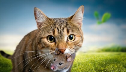 A cat having a mouse in its mouth