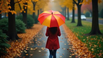 Obraz premium A woman in a red coat walks through a path covered in golden leaves, holding a red and yellow umbrella to protect herself from the autumn rain.