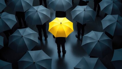 Plakat An overhead view of a crowd holding umbrellas with a single yellow umbrella standing out. Concept of being different.