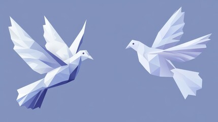 Fototapeta premium Abstract Low-Poly White Doves Flying Against a Soft Blue Background