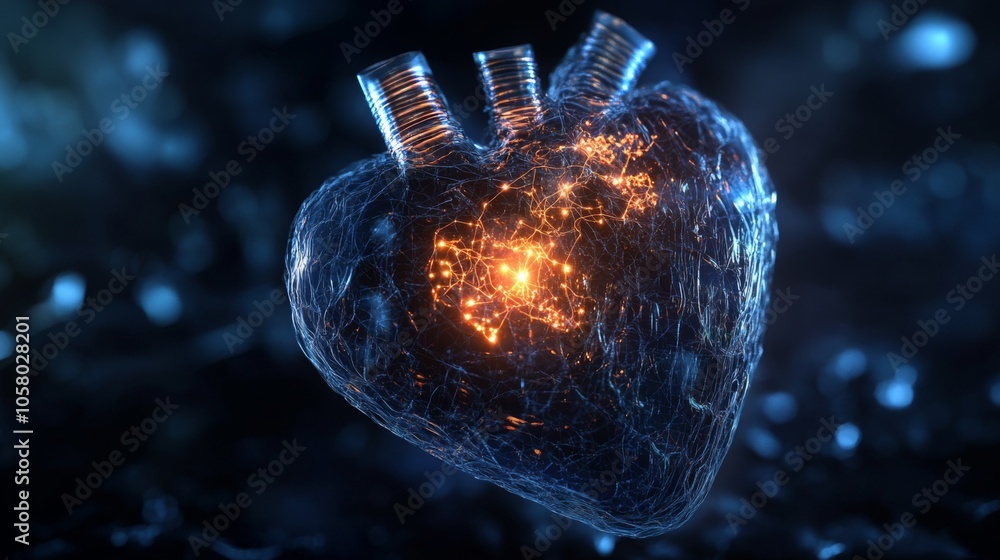 Poster A digitally rendered heart-shaped object with a glowing, orange core. The surface is a mesh-like structure, appearing to be translucent and revealing the bright core inside.