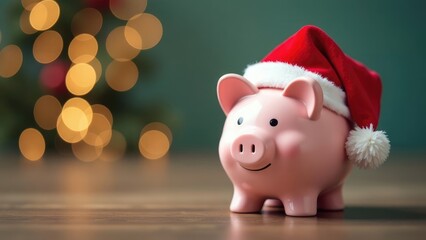 A pink piggy bank with a Santa hat sits on a table with blurred warm golden lights in the background. The concept of saving money during the holidays
