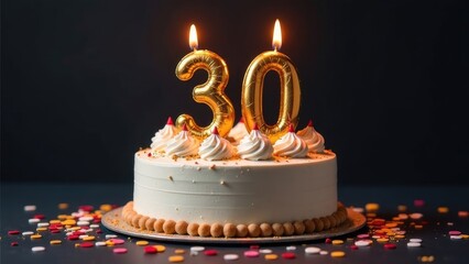 A white birthday cake with lit gold candles that spell out the number 30, on a dark background with colorful confetti. Concept of a 30th birthday celebration. 