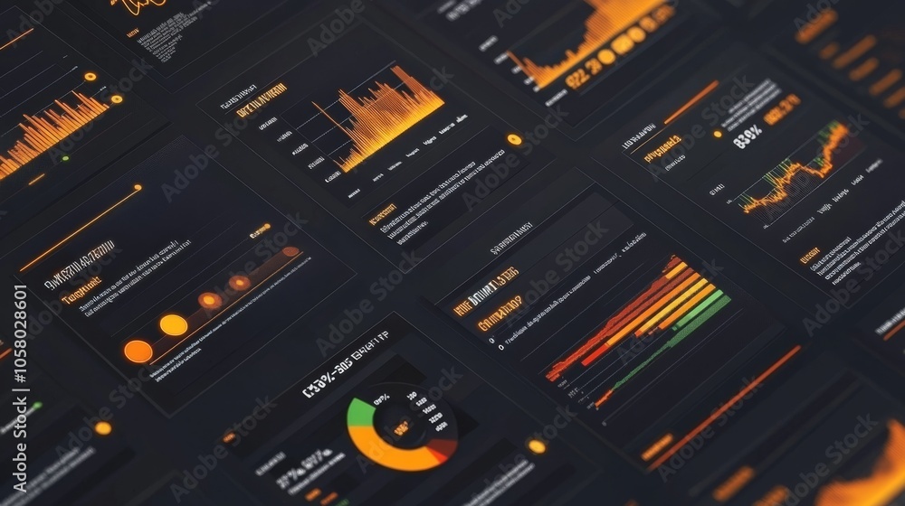 Poster dynamic data visualization with vibrant graphs and charts on a dark background, perfect for business