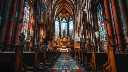 Fototapeta premium Neo-Gothic church with majestic stained glass windows, intricate stone carvings, enchanting atmosphere, inviting spiritual reflection, rich historical significance, architectural marvel.