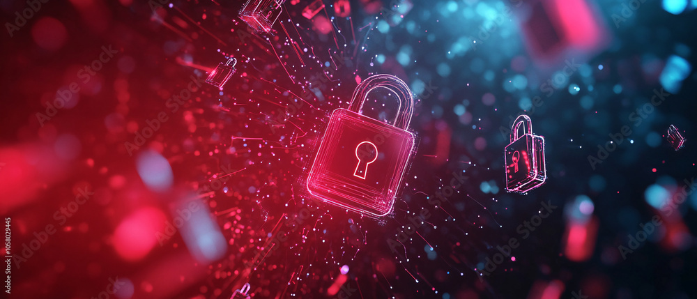 Poster cybersecurity concept with glowing padlock and data network