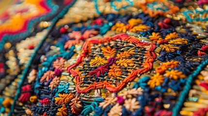 Obraz premium Vibrant fabric detail with intricate embroidery, sequins, and beads, forming a unique pattern. Handmade craft and artistry seen in ornate design, adding traditional decoration