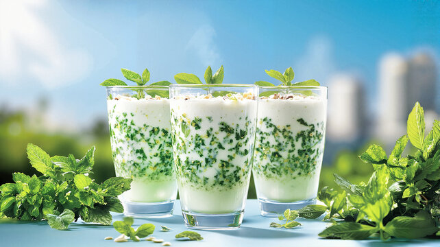 Refreshing mint ayran drinks on sunny urban background