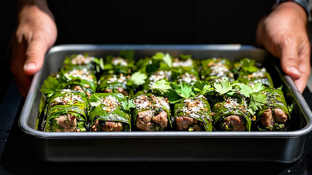 Hands holding tray of vegetable-wrapped holuptsi, dolma, cabbage rolls, sarmi