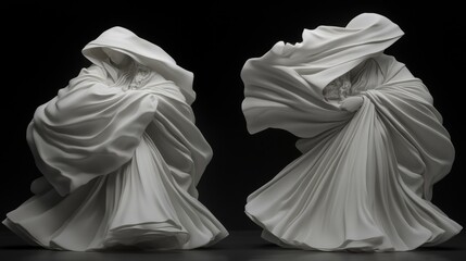 Elegant white sculptures depicting abstract figures in flowing fabric, showcasing movement and grace against a dark background.