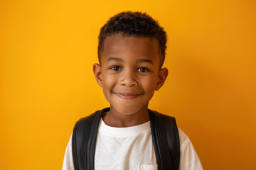 Portrait of 7 year old mixed race African-American boy with backpack standing on the yellow background. Copy space for text. Education, back to school concept.