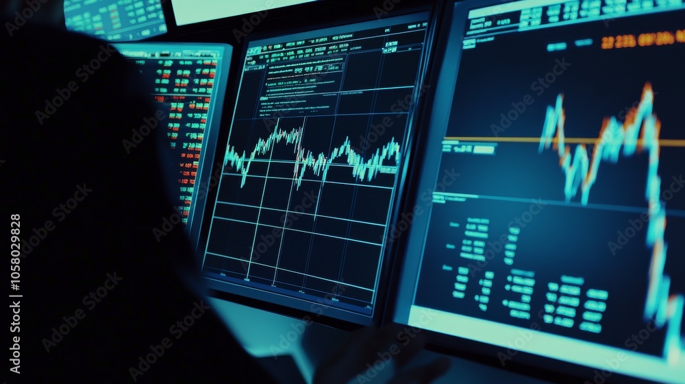 Poster focused individual analyzing stock market trends on multiple screens, showcasing data visualization 