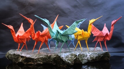 Fototapeta premium Colorful Origami Cranes Group on a Stone Base