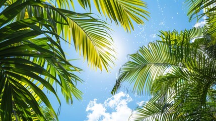 Fototapeta premium Tropical Garden Serenity, lush palm fronds adorned with raindrops, vibrant greenery contrasting against a clear blue sky, evoking a sense of calm and nature's beauty