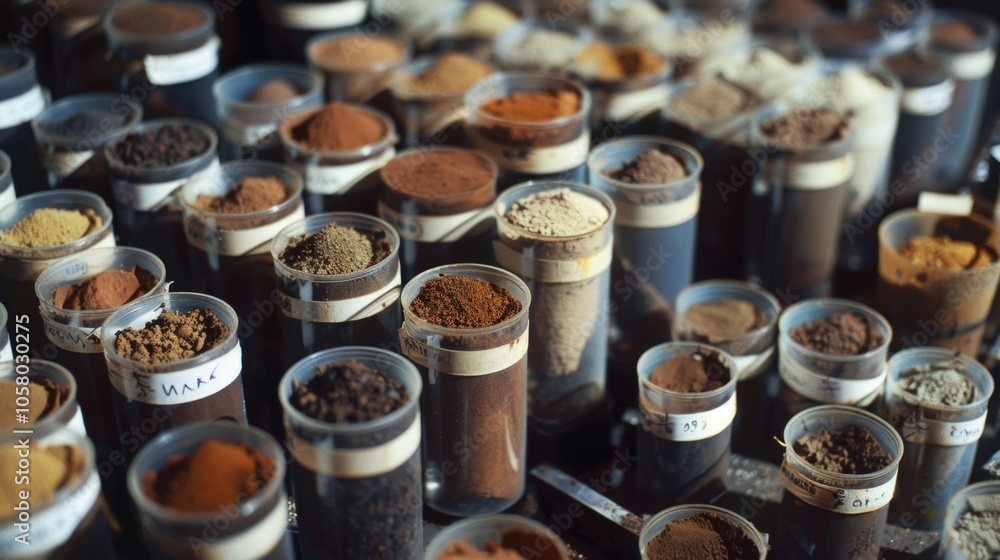 Poster multiple soil samples are neatly arranged in a laboratory, undergoing analysis for research or agric